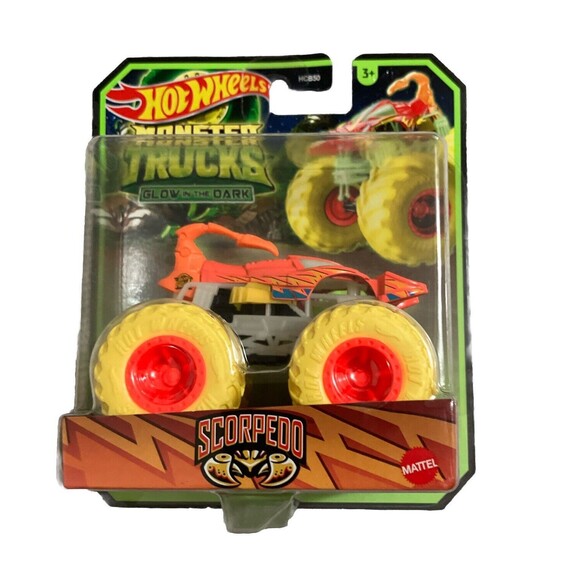 Hot Wheels Monster Truck Glow in The Dark Scorpedo, 1:64 Scale, Orange / Yellow - Picture 2 of 3